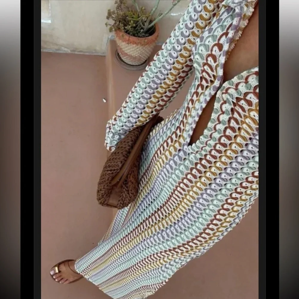 V-neck Collared Crochet Dress BOHO SPLIT WAVY STRIPED BEACH
VACATION MAXI - Picture 8 of 8